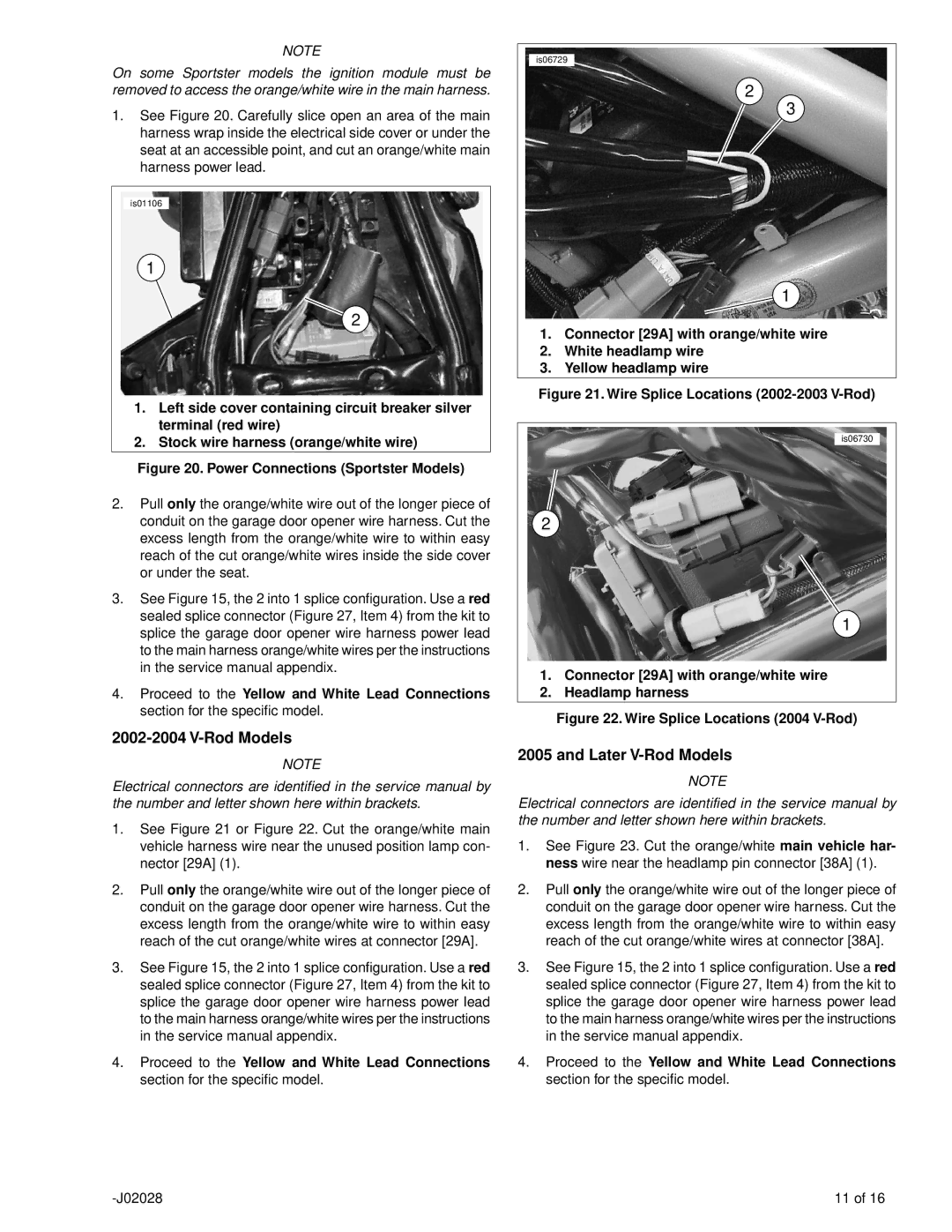 SkyLink 91562-01, 91561-01, 91558-01A Power Connections Sportster Models, Wire Splice Locations 2002-2003 V-Rod 