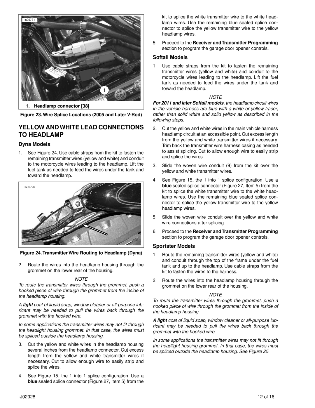 SkyLink 91561-01, 91558-01A Yellow Andwhite Lead Connections to Headlamp, Wire Splice Locations 2005 and Later V-Rod 