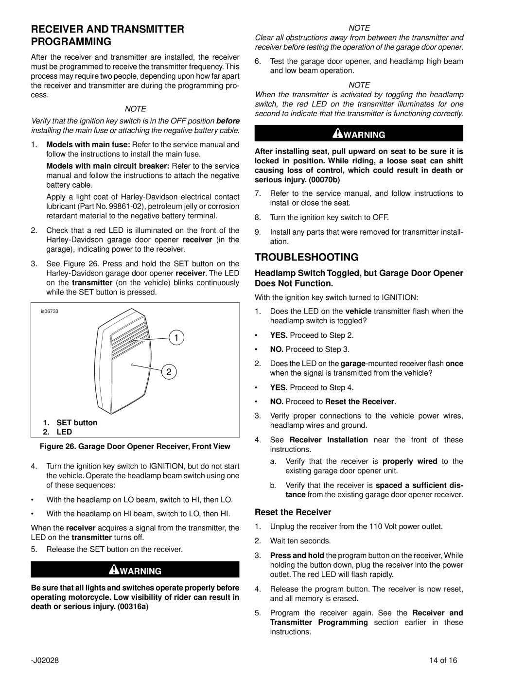 SkyLink 91562-01, 91561-01 Receiver and Transmitter Programming, Troubleshooting, Reset the Receiver, SET button LED 