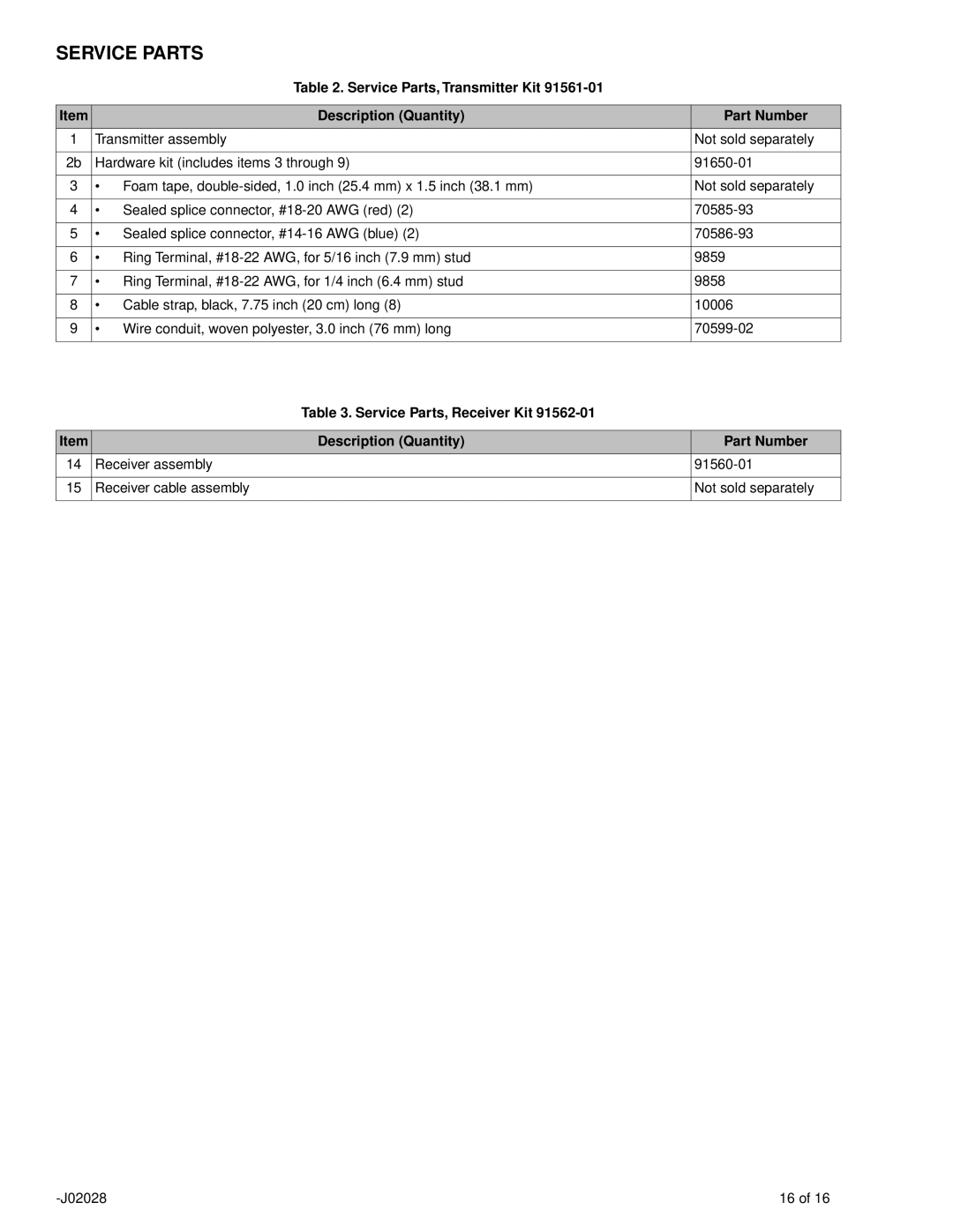 SkyLink 91558-01A, 91561-01, 91562-01 service manual Not sold separately 