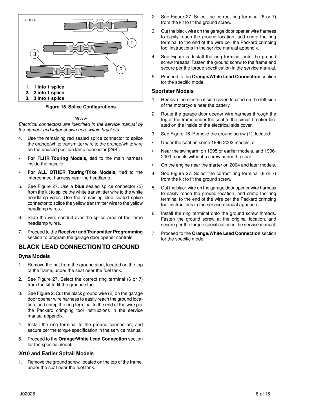 SkyLink 91562-01, 91561-01, 91558-01A service manual Black Lead Connection to Ground, Earlier Softail Models, Into 1 splice 