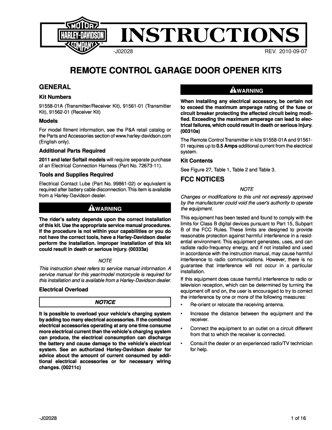 SkyLink 91558-01A service manual General, Fcc Notices, J02028, Rev, Kit Numbers, Models, Additional Parts Required 