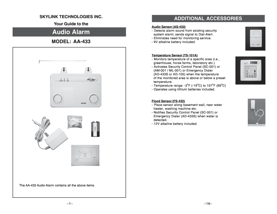 SkyLink MODEL AA-433, Additional Accessories, Audio Sensor AS-433, Temperature Sensor TS-101A, Flood Sensor FS-433 
