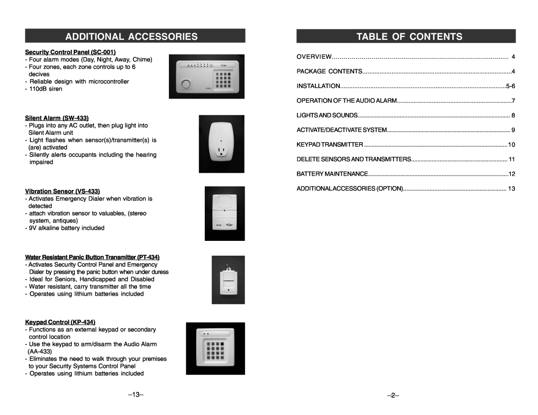 SkyLink AA-433 manual Table Of Contents, Security Control Panel SC-001, Silent Alarm SW-433, Vibration Sensor VS-433 