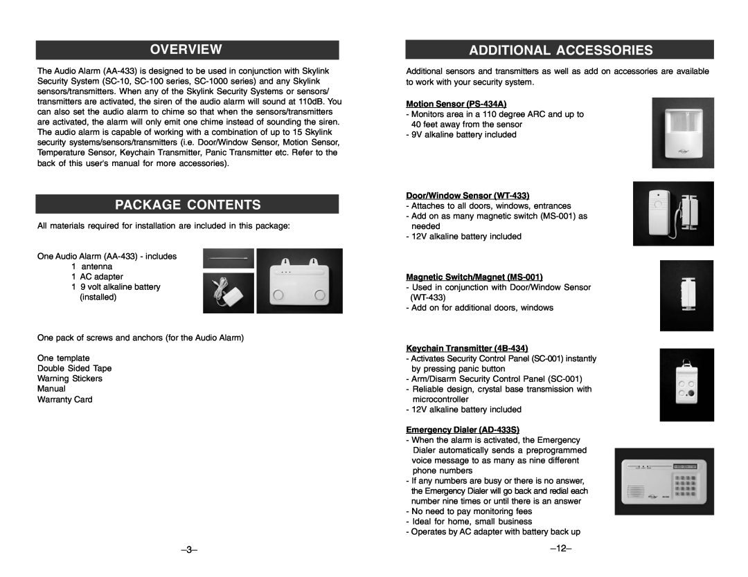 SkyLink AA-433 Overview, Package Contents, Motion Sensor PS-434A, Door/Window Sensor WT-433, Magnetic Switch/Magnet MS-001 