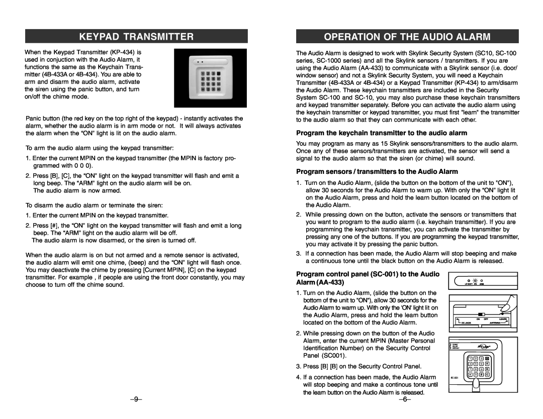 SkyLink AA-433 manual Keypad Transmitter, Operation Of The Audio Alarm, Program sensors / transmitters to the Audio Alarm 