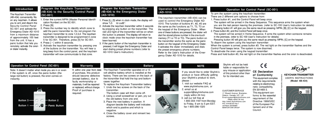 SkyLink warranty Introduction, Operation for Emergency Dialer AD-1010, Operation for Control Panel SC-001, Warranty 