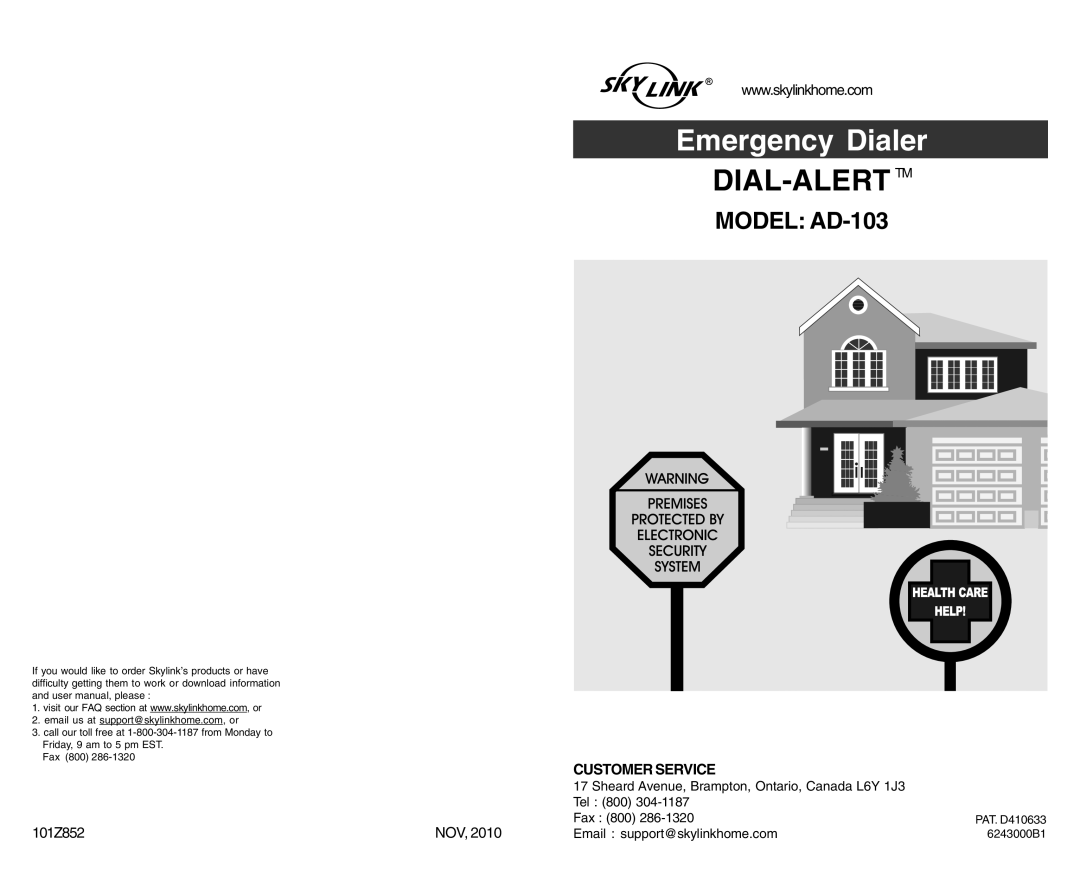 SkyLink ad-103 user manual Dial-Alert Tm 