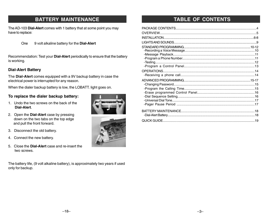 SkyLink ad-103 user manual Battery Maintenance, Table of Contents 