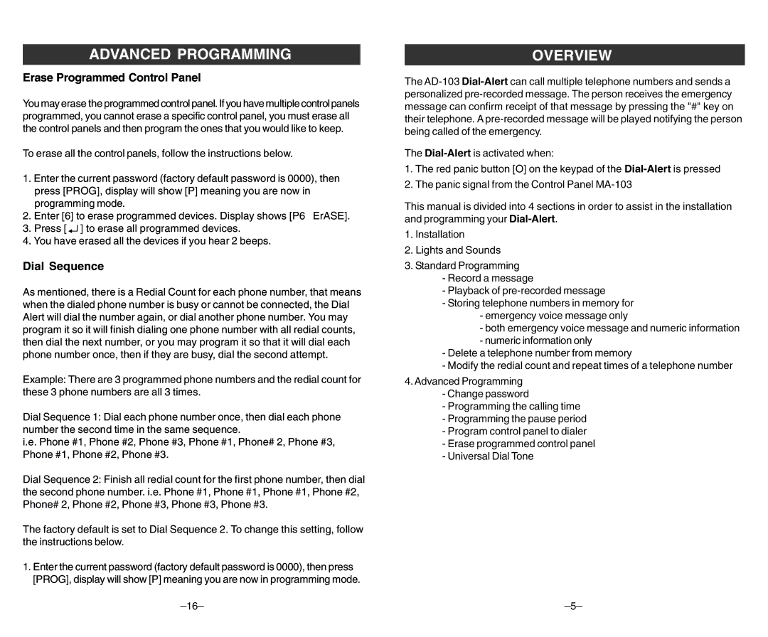 SkyLink ad-103 user manual Overview, Erase Programmed Control Panel, Dial Sequence 