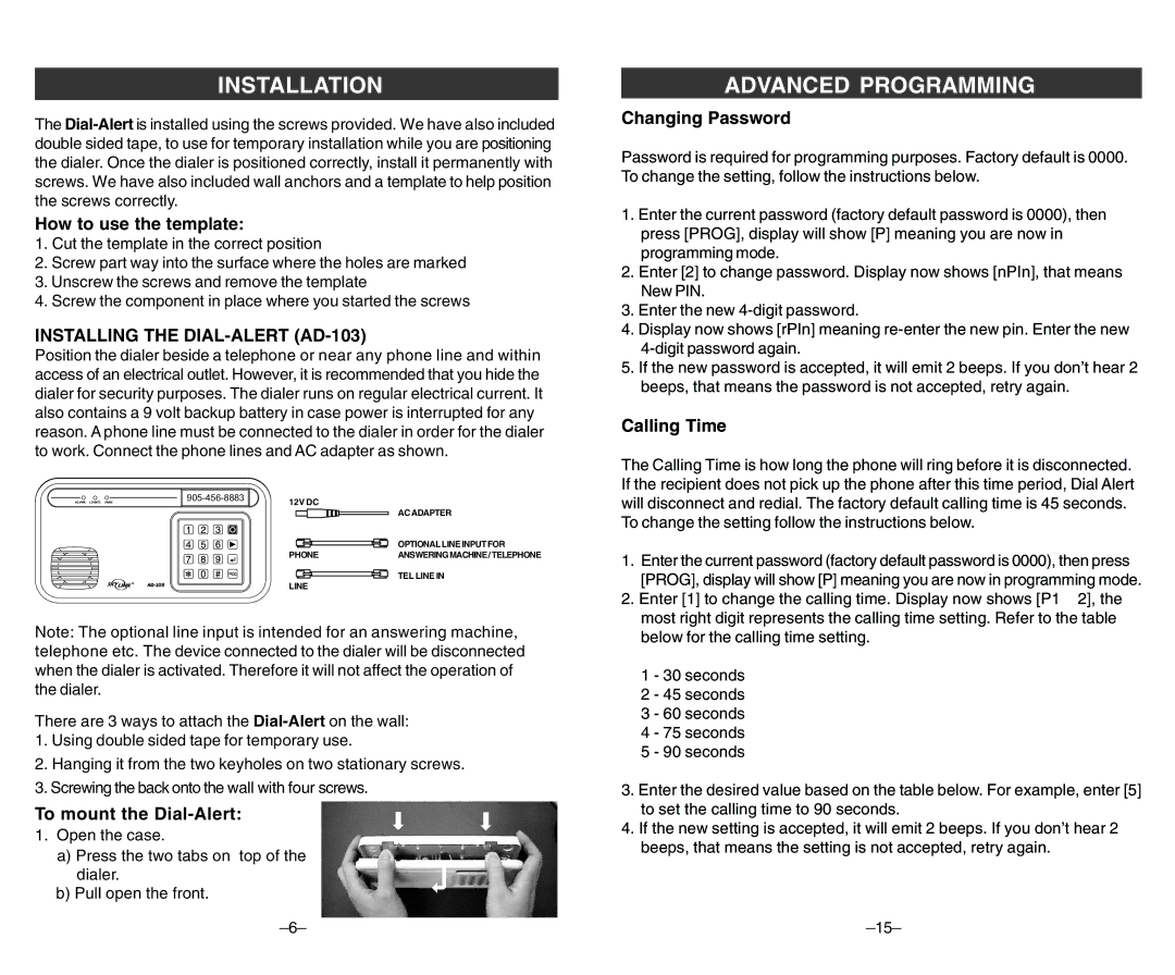 SkyLink ad-103 user manual Installation, Installing the DIAL-ALERT AD-103 