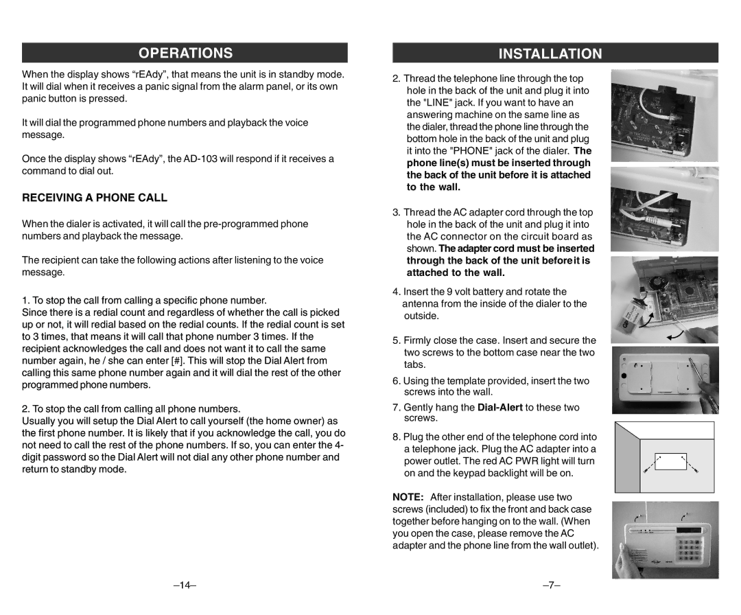 SkyLink ad-103 user manual Operations, Receiving a Phone Call 