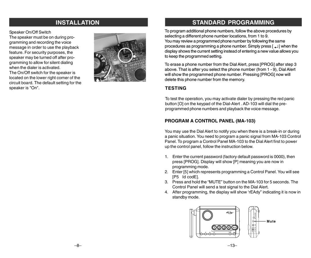 SkyLink ad-103 user manual Standard Programming, Testing, Program a Control Panel MA-103 