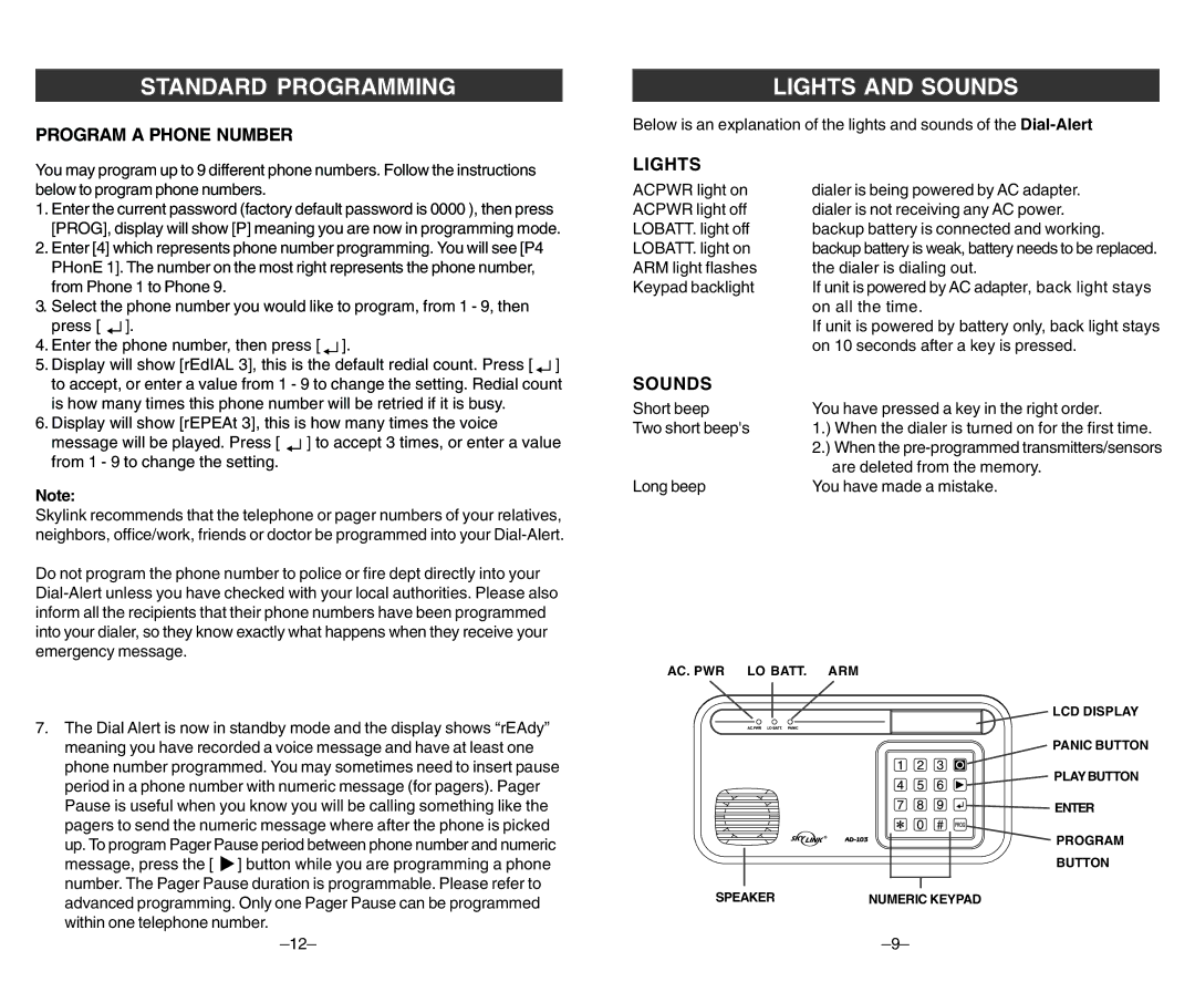 SkyLink ad-103 user manual Lights and Sounds, Program a Phone Number 