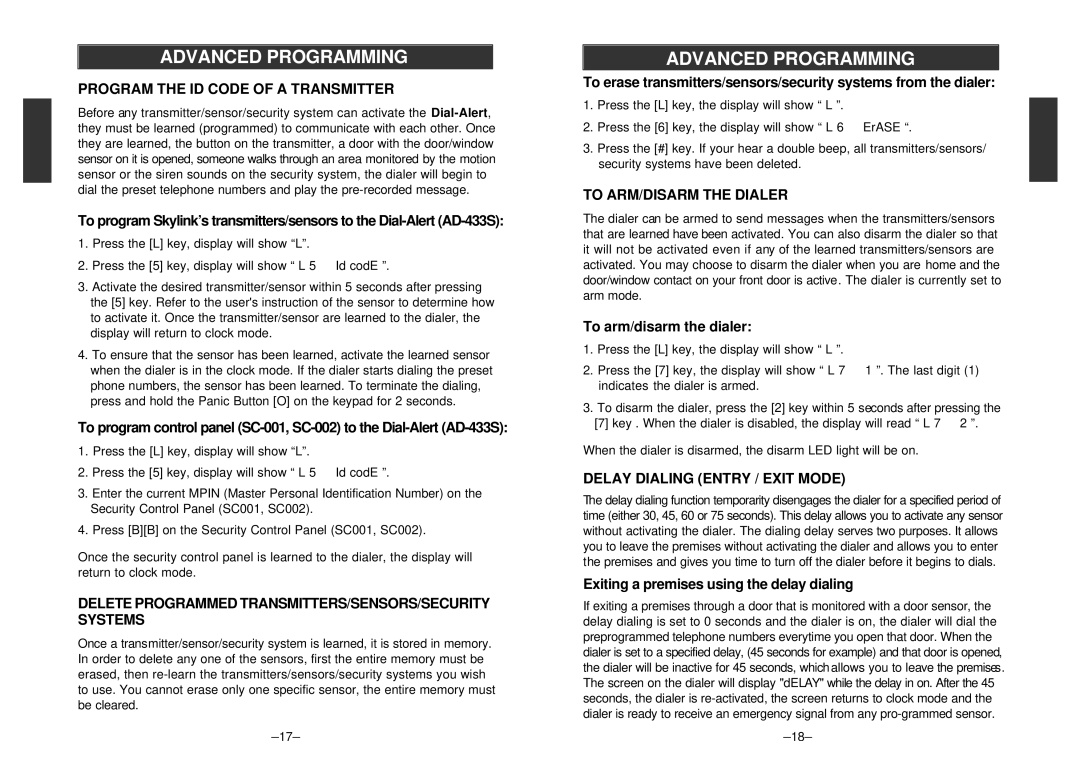 SkyLink AD-433S manual Program the ID Code of a Transmitter, Delete Programmed TRANSMITTERS/SENSORS/SECURITY Systems 