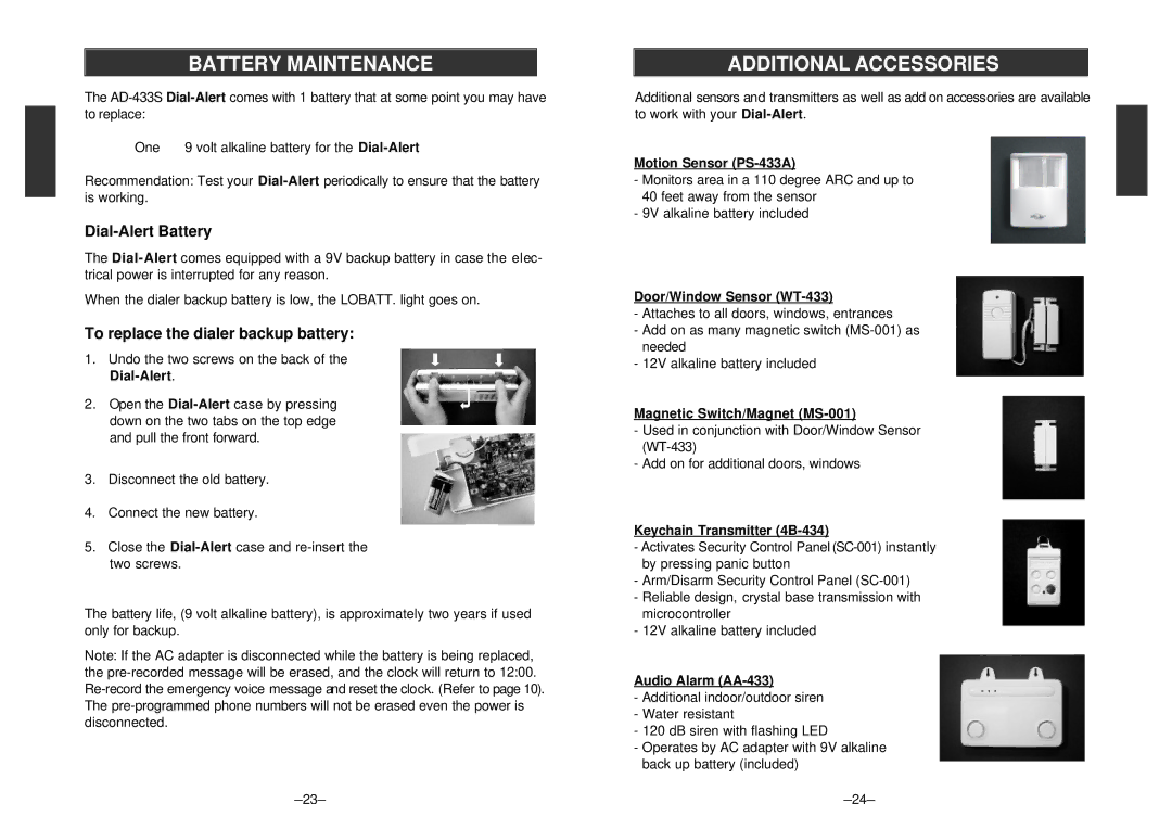 SkyLink Emergency Dialer Dial-Alert, AD-433S manual Battery Maintenance, Additional Accessories, Dial-Alert Battery 