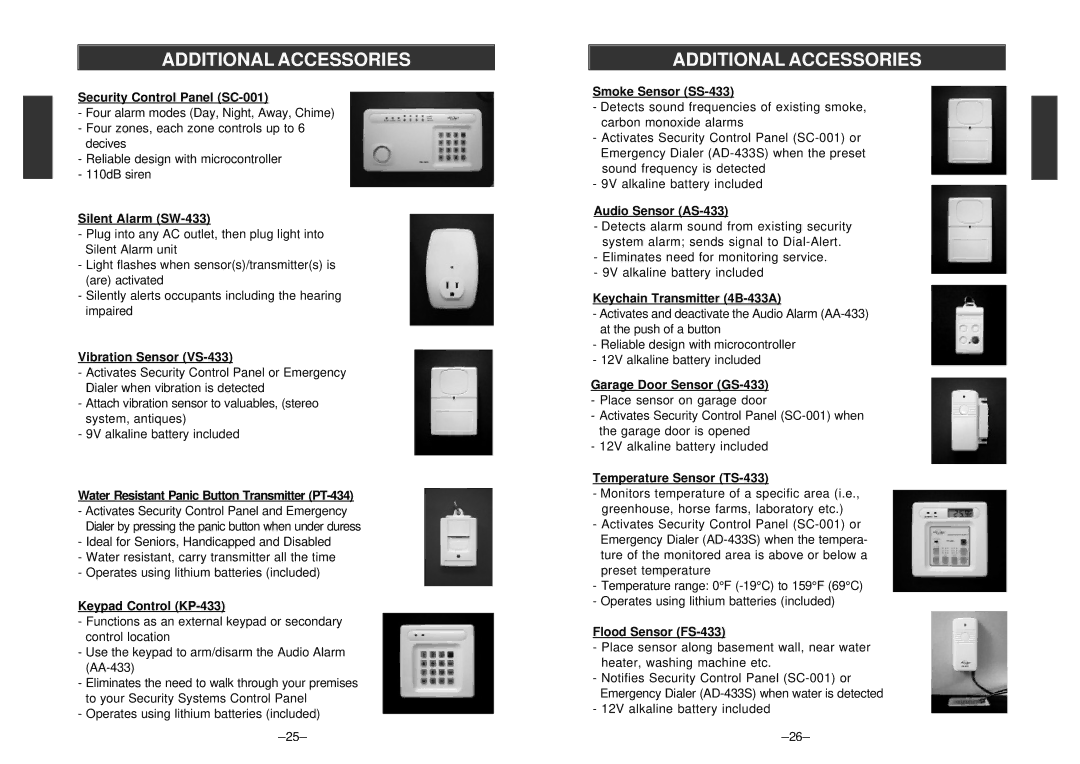 SkyLink AD-433S manual Security Control Panel SC-001, Silent Alarm SW-433, Vibration Sensor VS-433, Keypad Control KP-433 