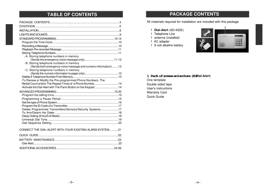 SkyLink Emergency Dialer Dial-Alert, AD-433S manual Table of Contents, Package Contents 