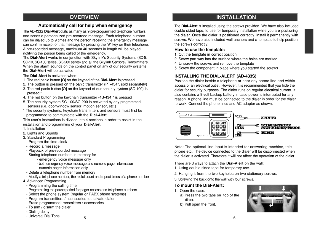 SkyLink Overview, Installation, How to use the template, Installing the DIAL-ALERT AD-433S, To mount the Dial-Alert 