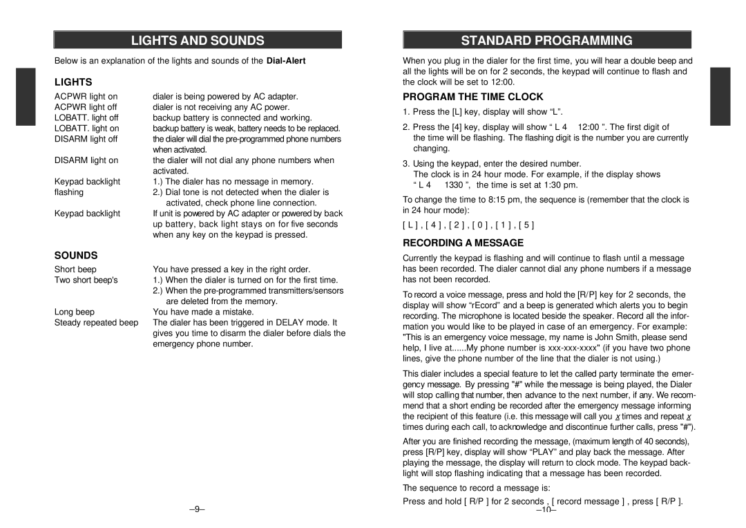 SkyLink AD-433S, Emergency Dialer Dial-Alert manual Lights and Sounds, Standard Programming 