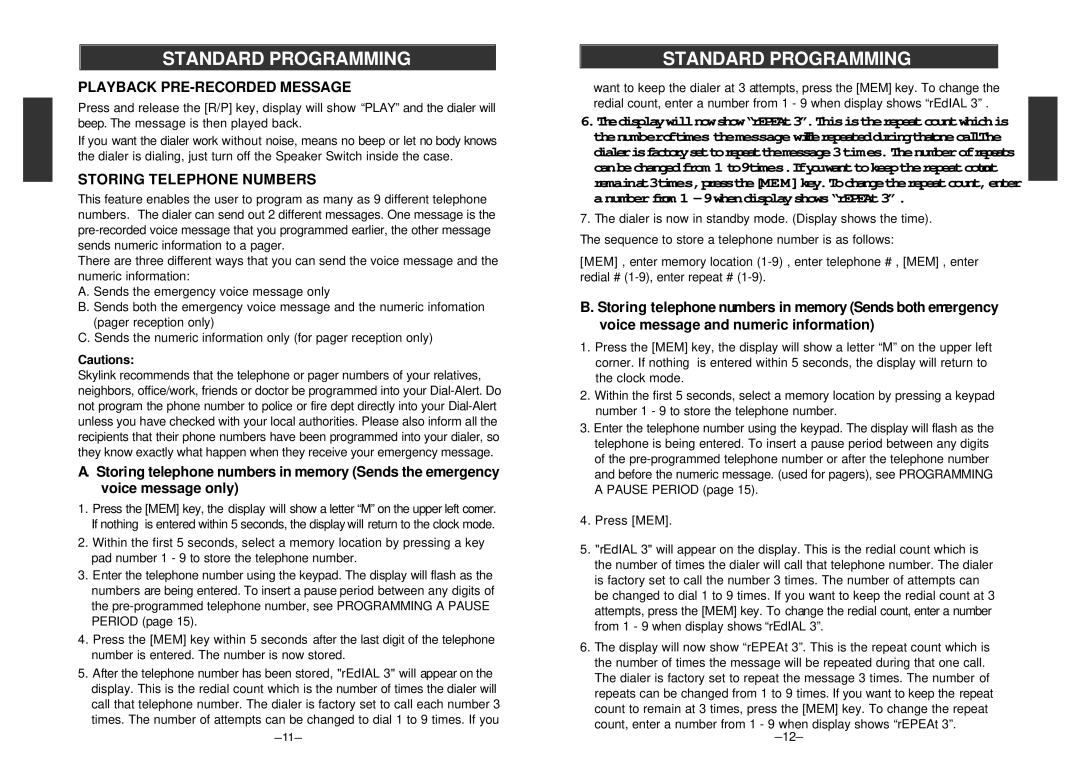 SkyLink Emergency Dialer Dial-Alert, AD-433S manual Playback PRE-RECORDED Message, Storing Telephone Numbers 