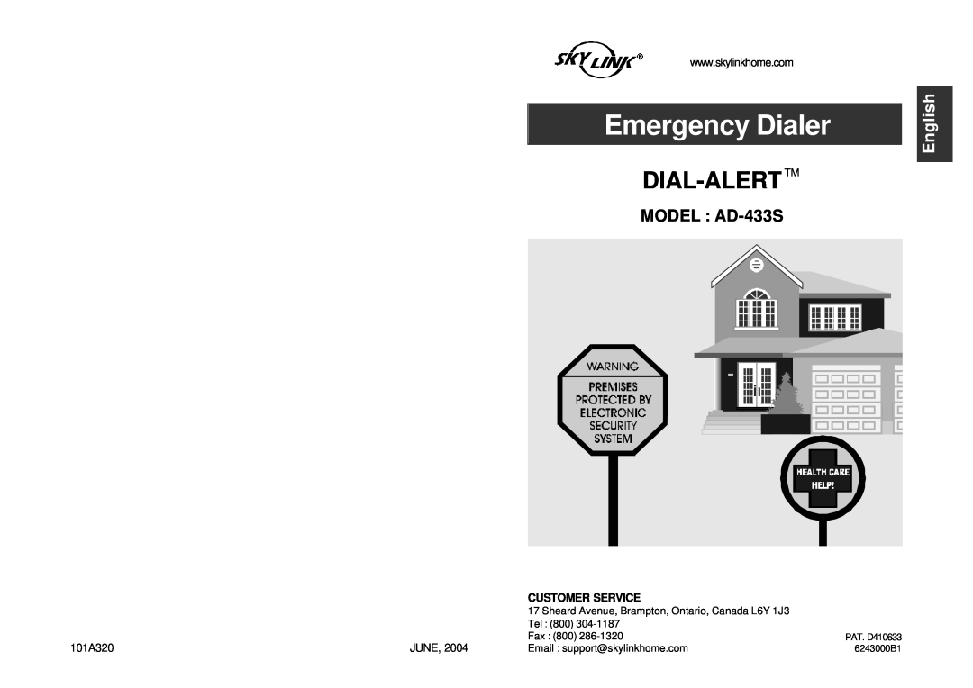 SkyLink Emergency Dialer Dial-Alert manual MODEL AD-433S, English, Dial-Alert Tm, PAT. D410633 