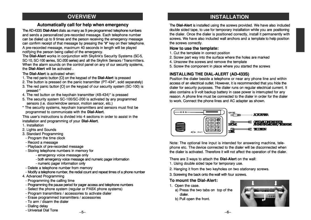 SkyLink AD-433S manual Overview, Installation, Automatically call for help when emergency, How to use the template 