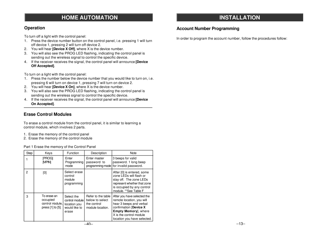 SkyLink AM-002/ML-001 manual Operation, Erase Control Modules, Account Number Programming 