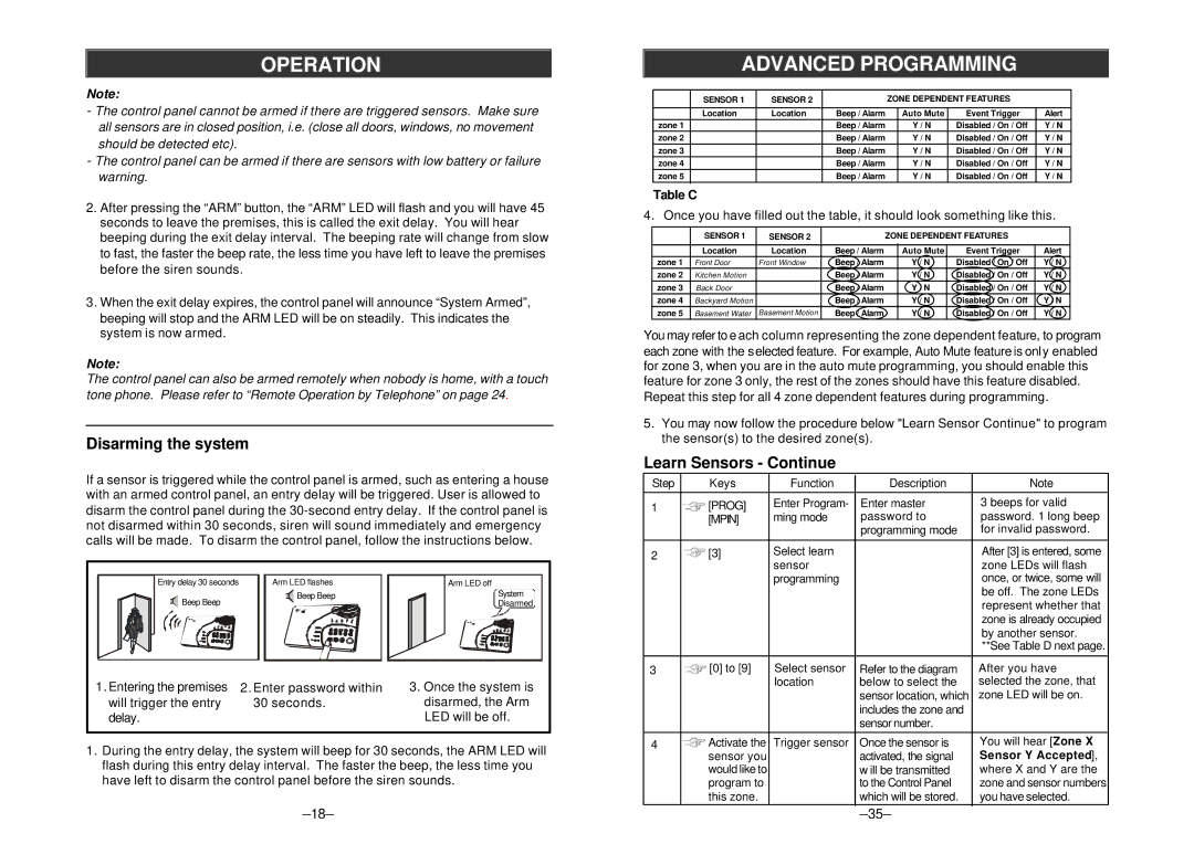 SkyLink AM-002/ML-001 manual Advanced Programming, Disarming the system, Learn Sensors Continue, Table C 