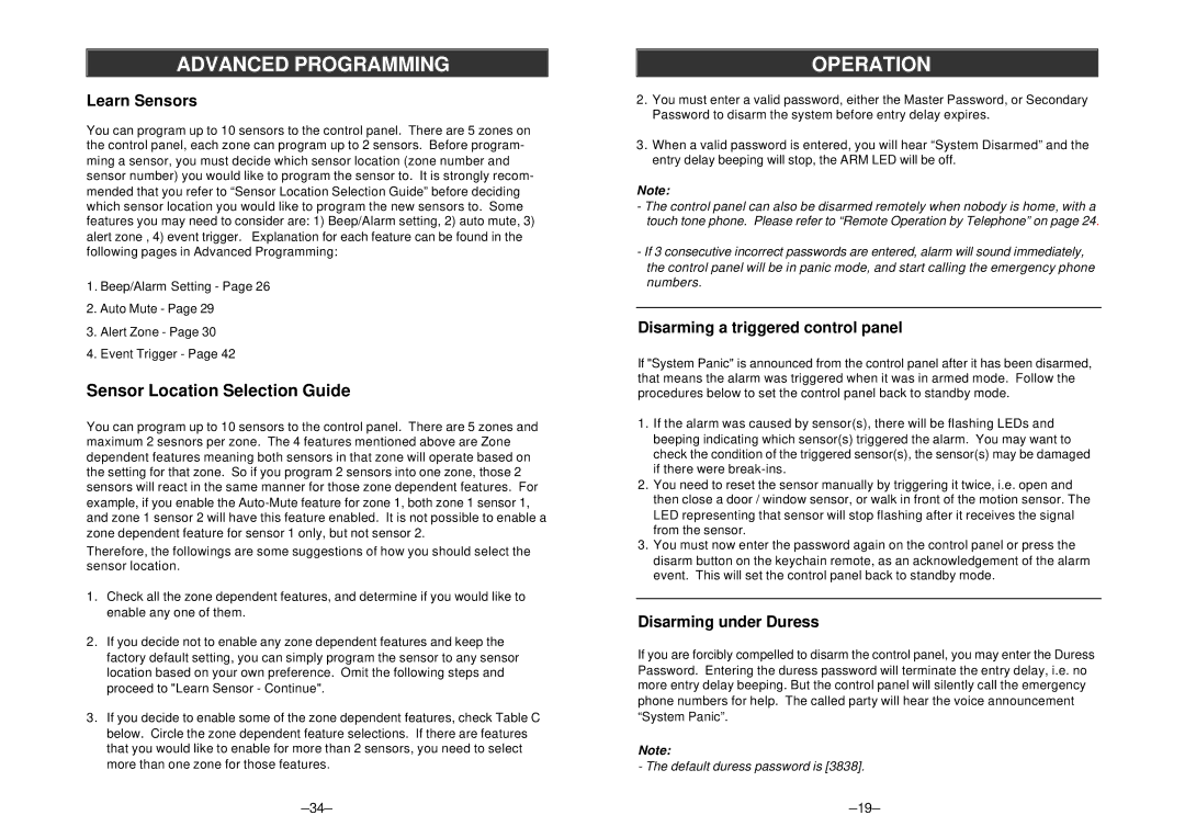 SkyLink AM-002/ML-001 manual Learn Sensors, Disarming a triggered control panel, Disarming under Duress 