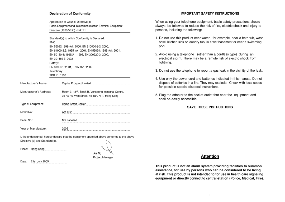 SkyLink AM-002/ML-001 manual Declaration of Conformity, Emc 