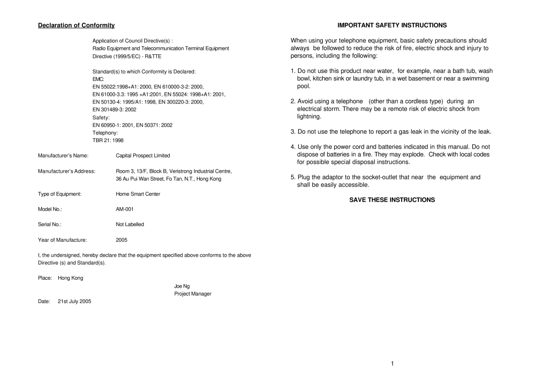 SkyLink am-100 manual Declaration of Conformity, Emc 