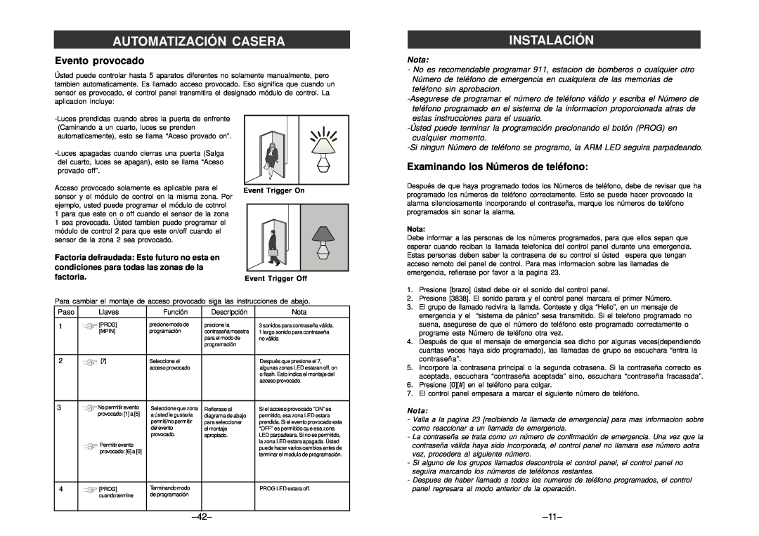 SkyLink am-100 manual Evento provocado, Examinando los Números de teléfono, Automatización Casera, Instalación, Nota 