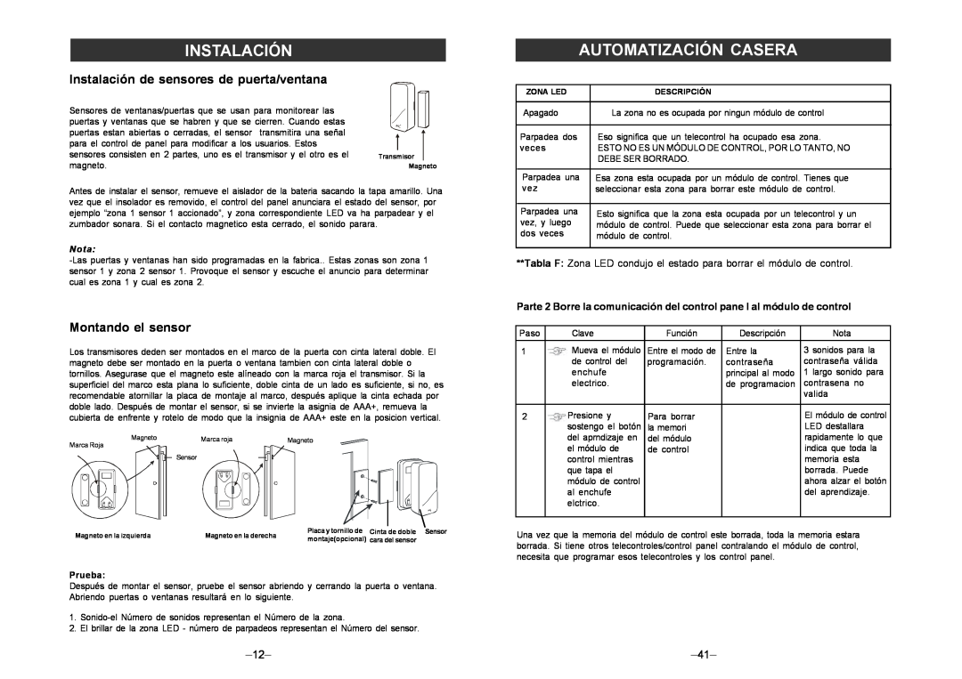 SkyLink am-100 manual Instalación de sensores de puerta/ventana, Montando el sensor, Automatización Casera, Nota, Prueba 