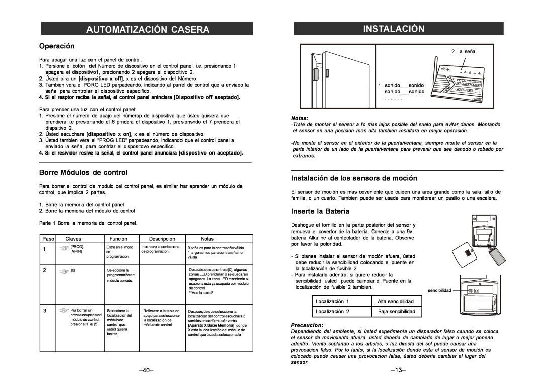 SkyLink am-100 manual Operación, Borre Módulos de control, Instalación de los sensors de moción, Inserte la Bateria, Notas 