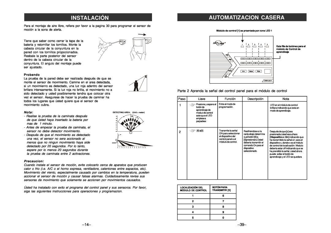 SkyLink am-100 manual Automatizacion Casera, Instalación, Probando, Nota, Precaucion 