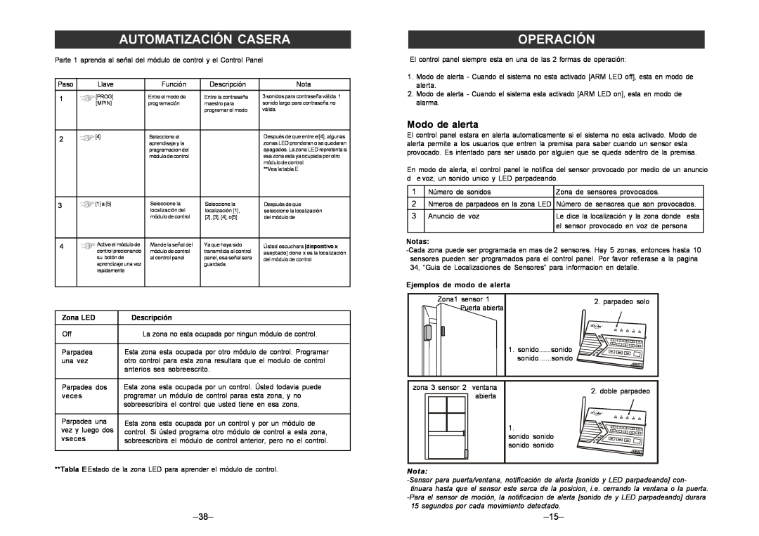 SkyLink am-100 Operación, Modo de alerta, Automatización Casera, Zona LED, Descripción, Notas, Ejemplos de modo de alerta 