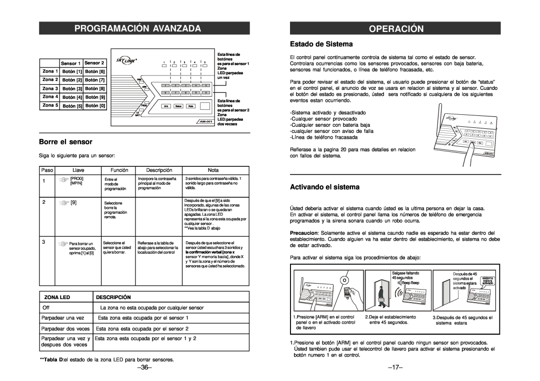 SkyLink am-100 manual Programación Avanzada, Estado de Sistema, Borre el sensor, Activando el sistema, Operación, Zona Led 