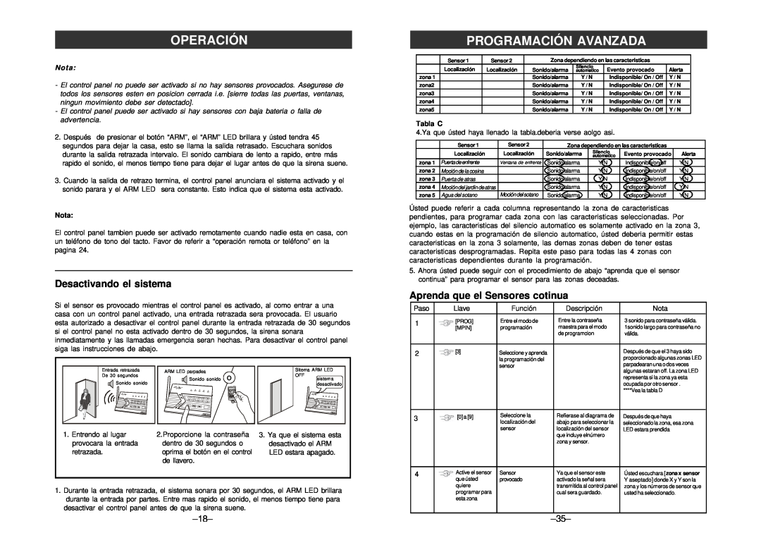 SkyLink am-100 Desactivando el sistema, Aprenda que el Sensores cotinua, Operación, Programación Avanzada, Nota, Tabla C 