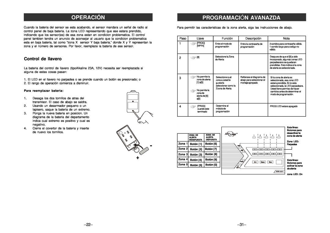 SkyLink am-100 manual Programación Avanazda, Control de llavero, Operación, Para reemplazar bateria 
