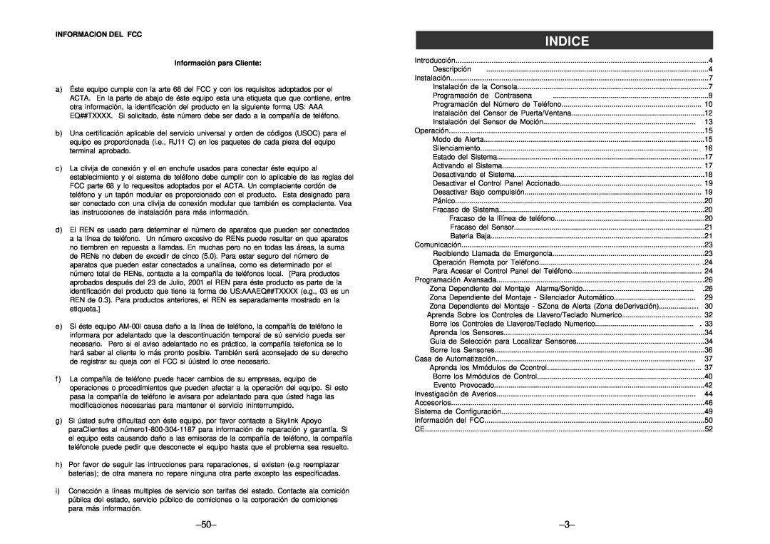 SkyLink am-100 manual Indice, INFORMACION DEL FCC Información para Cliente 