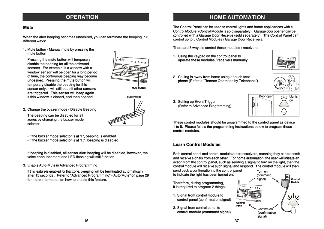 SkyLink am-100 manual Mute, Learn Control Modules, Operation, Home Automation 