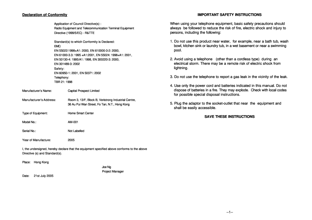SkyLink am-100 manual Declaration of Conformity, Important Safety Instructions, Save These Instructions 