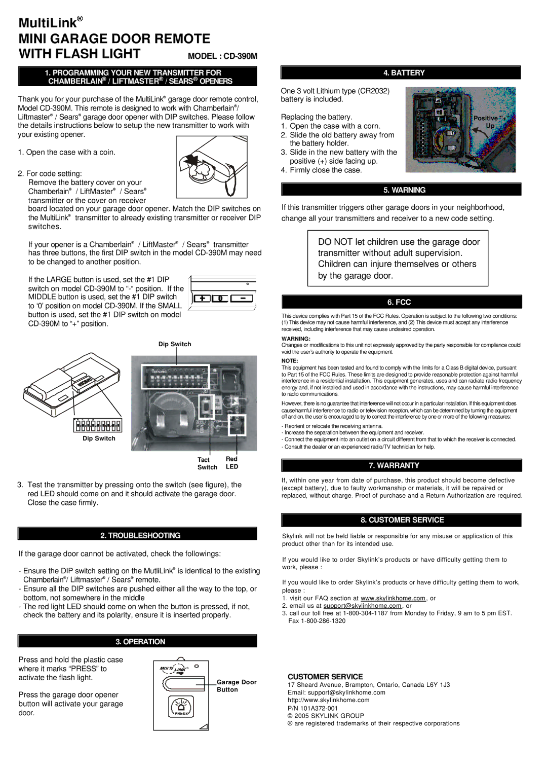 SkyLink warranty Mini Garage Door Remote With Flash Light, Model CD-390M 