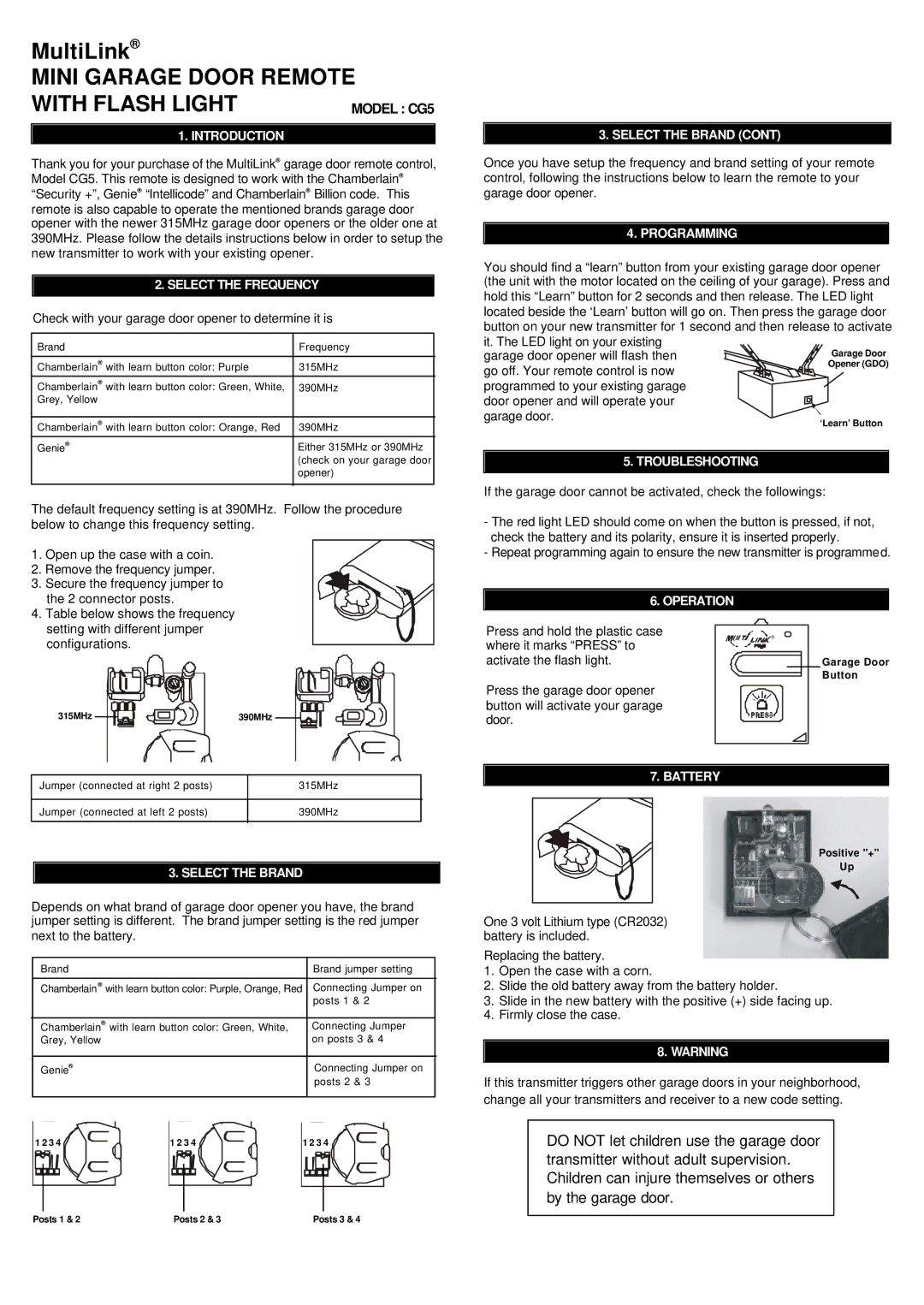 SkyLink CG5 manual Introduction, Select the Frequency, Select the Brand, Programming, Troubleshooting, Operation, Battery 