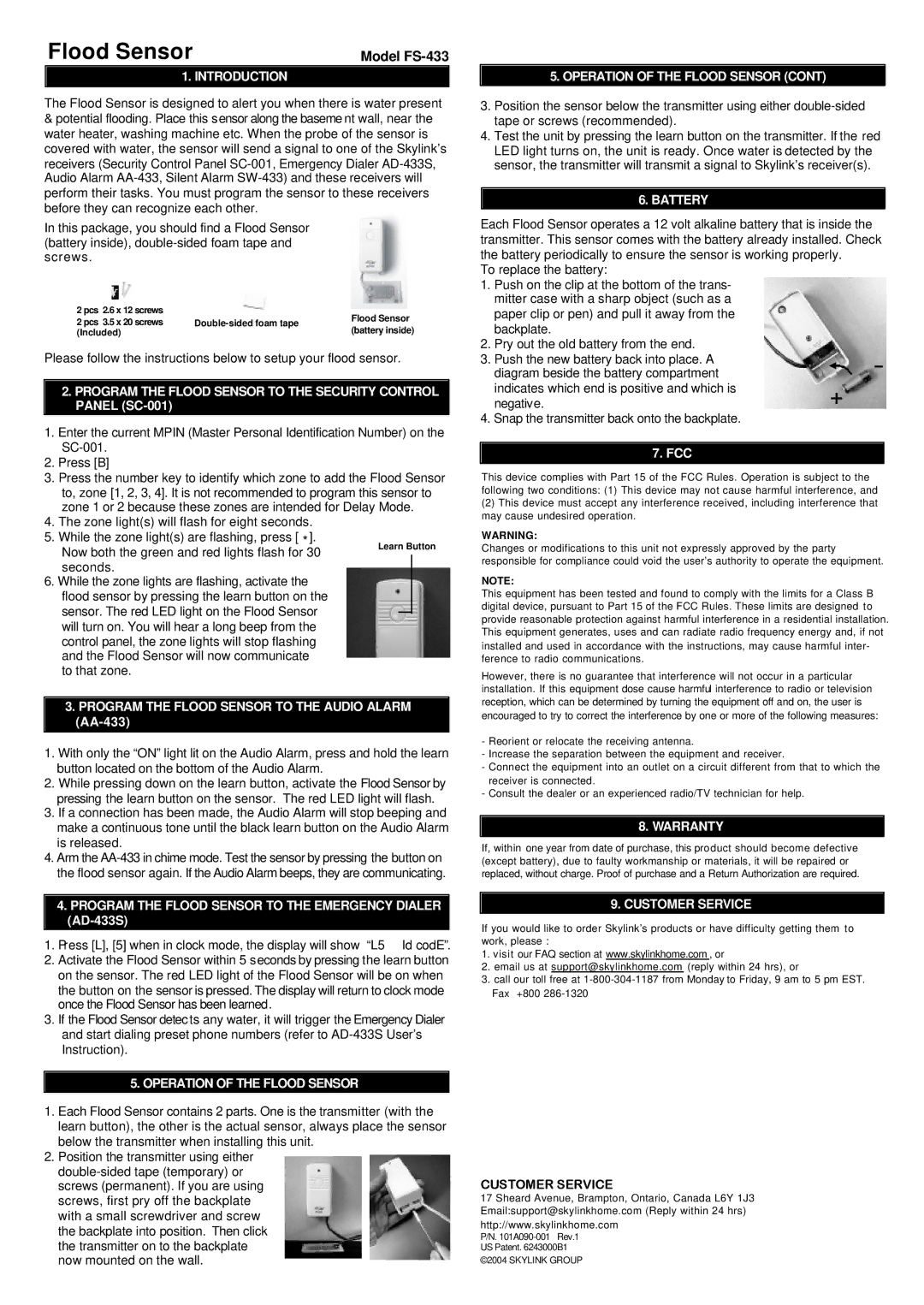 SkyLink FS-433 warranty Introduction, Program the Flood Sensor to the Audio Alarm AA-433, Operation of the Flood Sensor 