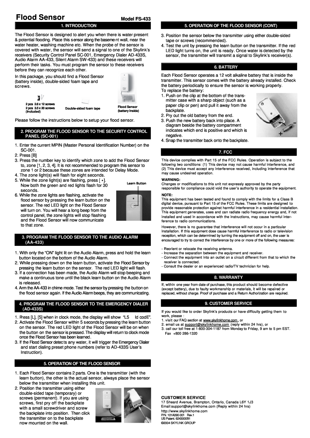 SkyLink warranty Flood Sensor, Model FS-433, Customer Service 