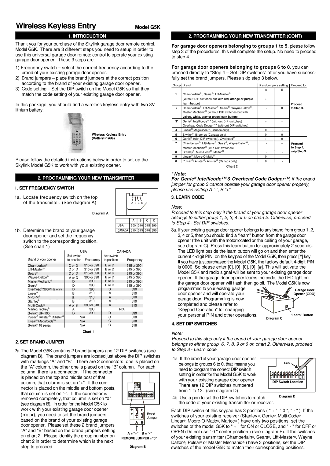 SkyLink G5K manual Introduction, Programming Your NEW Transmitter 