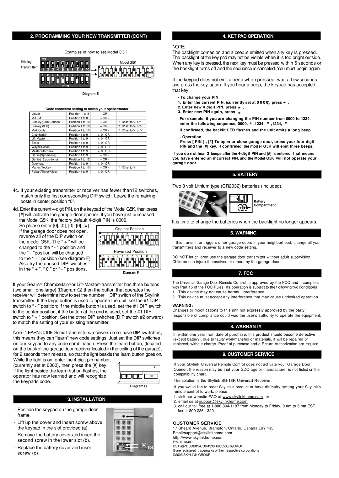 SkyLink G5K manual Installation, KET PAD Operation, Battery, Warranty, Customer Service 