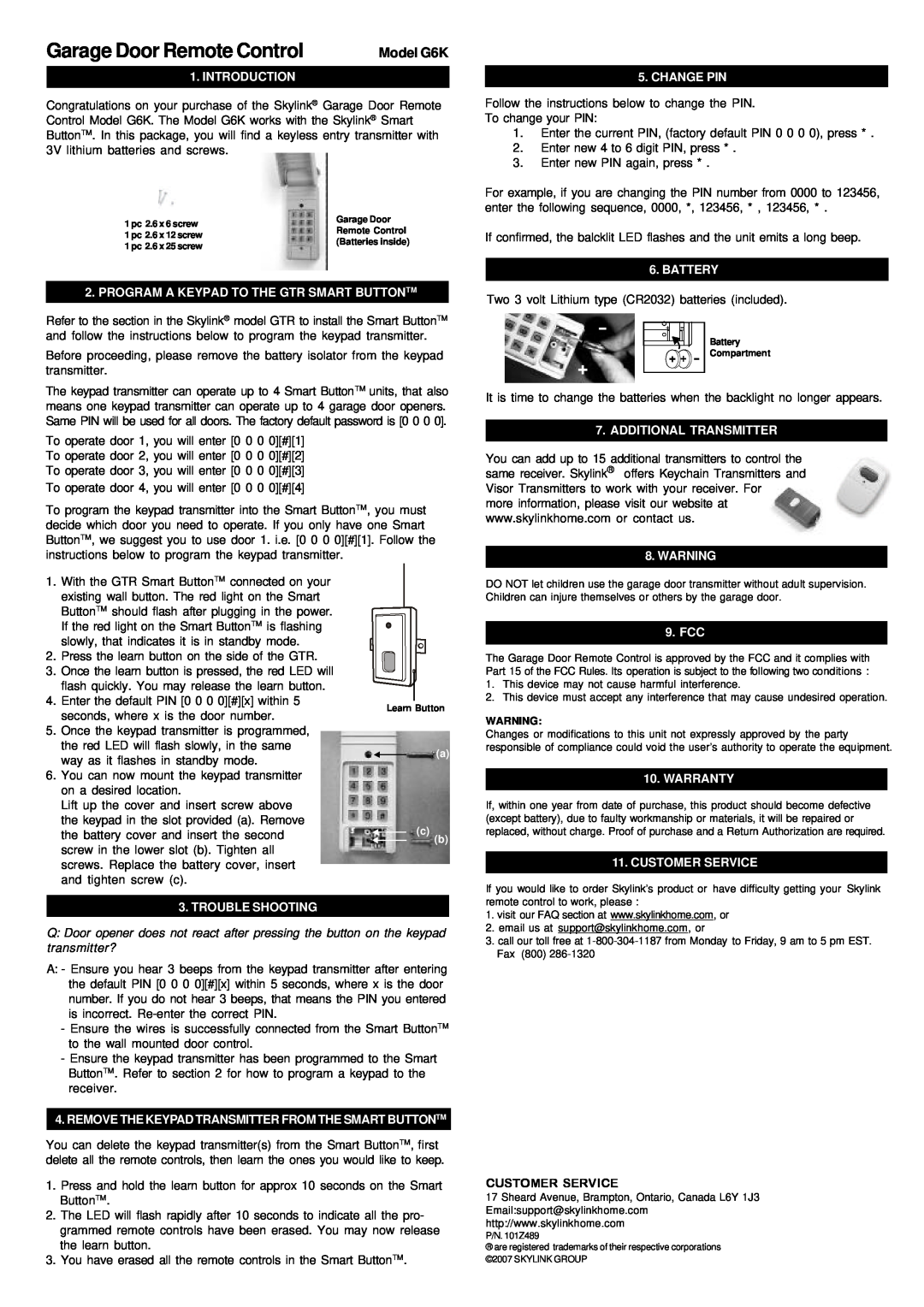 SkyLink G6K manual Introduction, Program A Keypad To A Garage Door Receiver, Installation, Trouble Shooting, Change Pin 